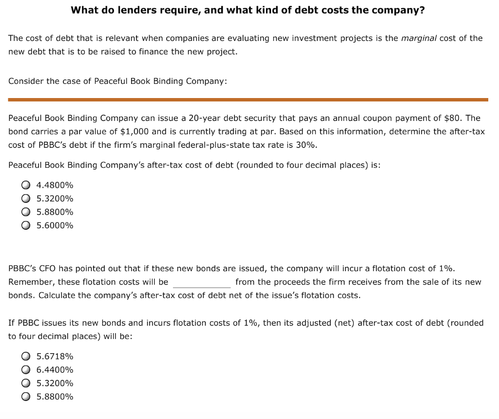 solved-what-do-lenders-require-and-what-kind-of-debt-costs-chegg