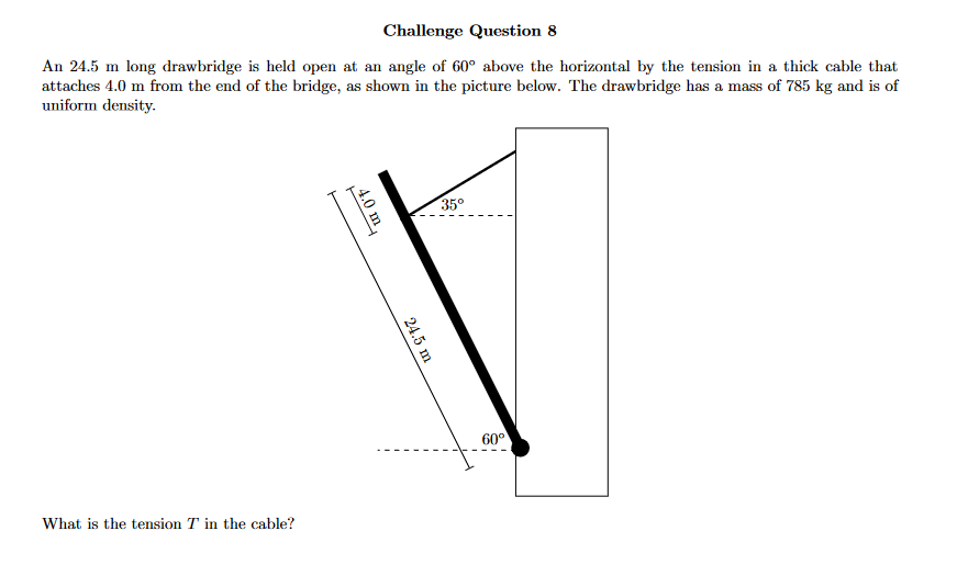 Solved Challenge Question 8 An 24.5 m long drawbridge is | Chegg.com