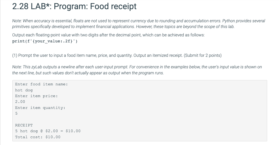 Solved 2.28 LAB*: Program: Food receipt Note: When accuracy | Chegg.com