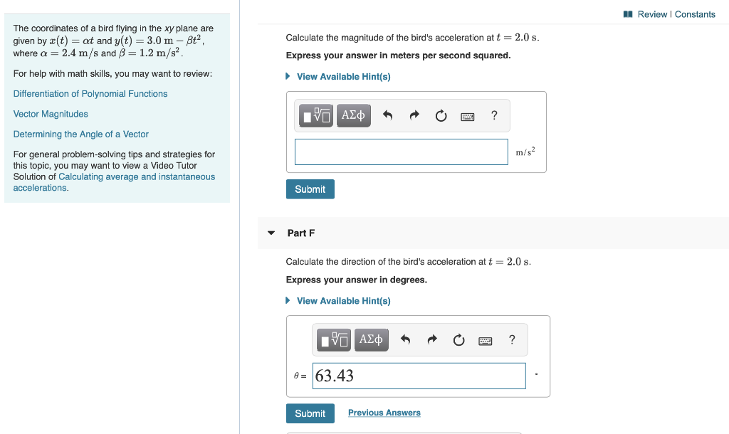 Solved Review | Constants The coordinates of a bird flying | Chegg.com