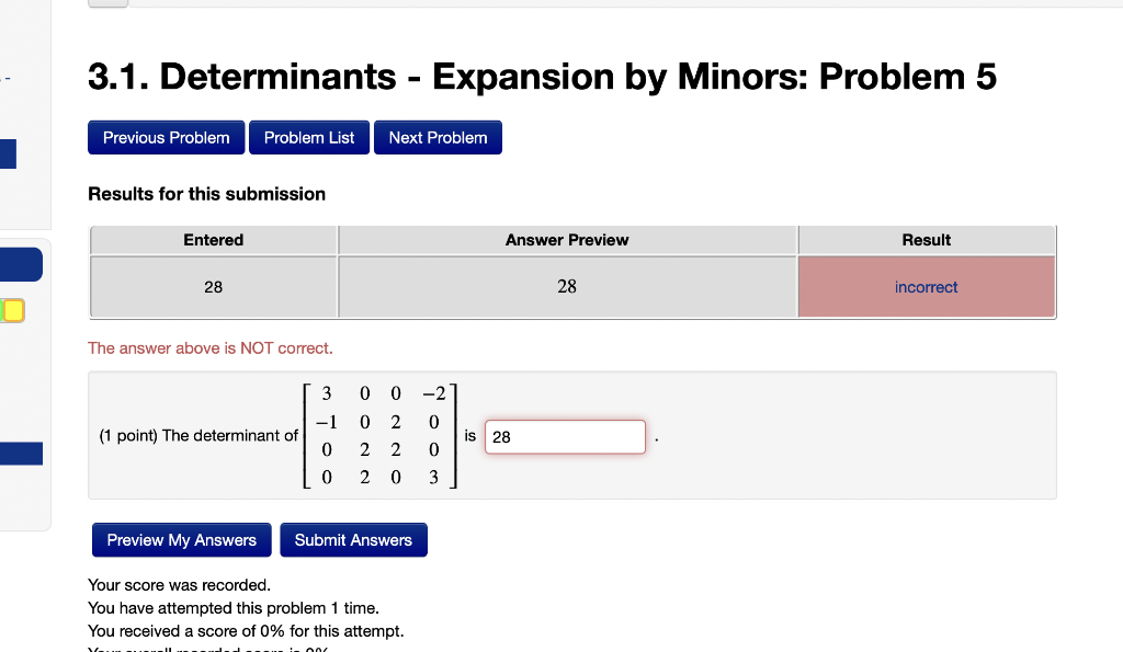Solved 3.1. Determinants - Expansion by Minors: Problem 5 | Chegg.com