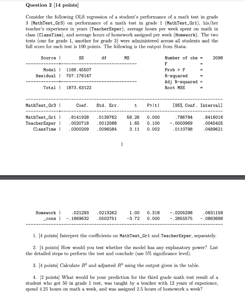 Solved Consider the following OLS regression of a student's | Chegg.com