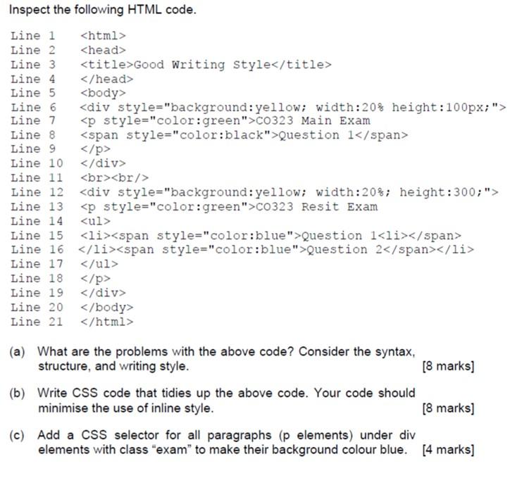 Solved Inspect the following HTML code. Line 1 Line 2 Line | Chegg.com