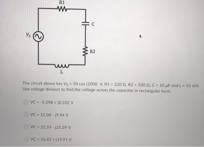 Solved R1 C Vs R2 L The Circuit Above Has Vs 50 Cos 0t Chegg Com