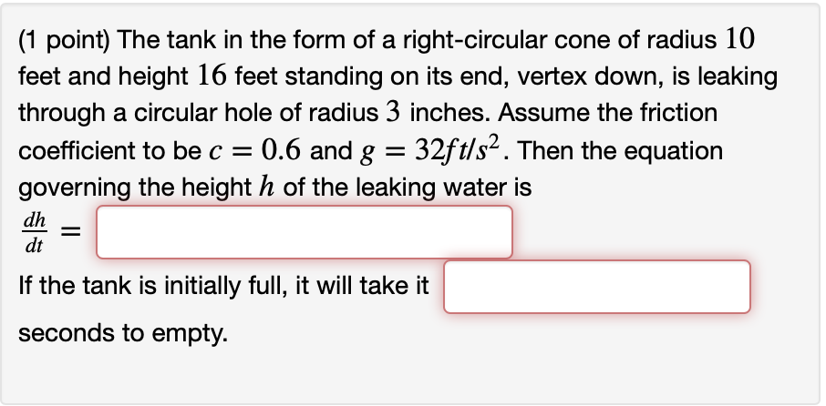 Solved The tank in the form of a right-circular cone of | Chegg.com