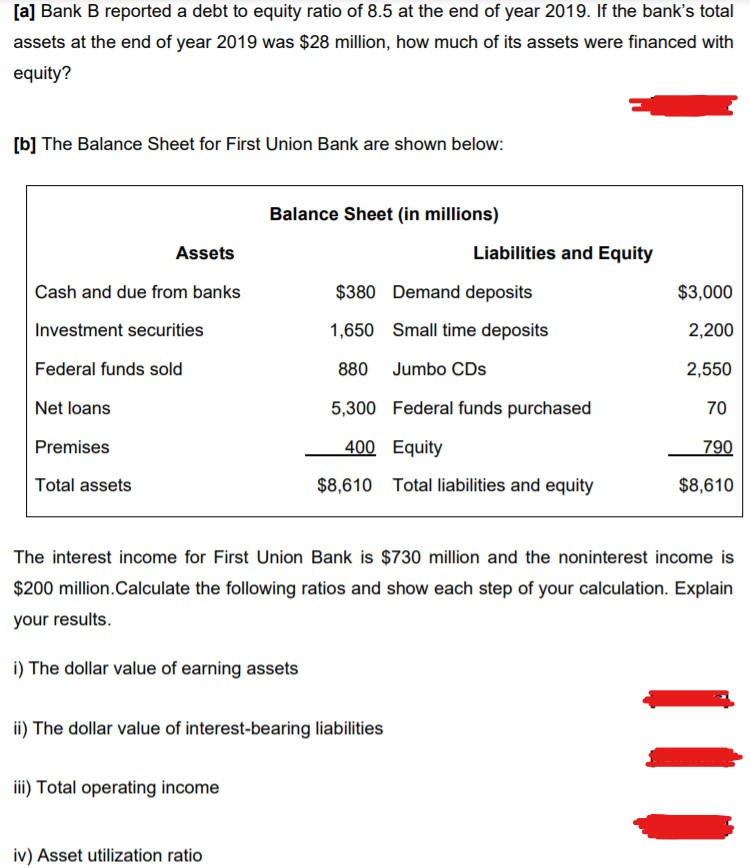 Solved [a] Bank B reported a debt to equity ratio of 8.5 at