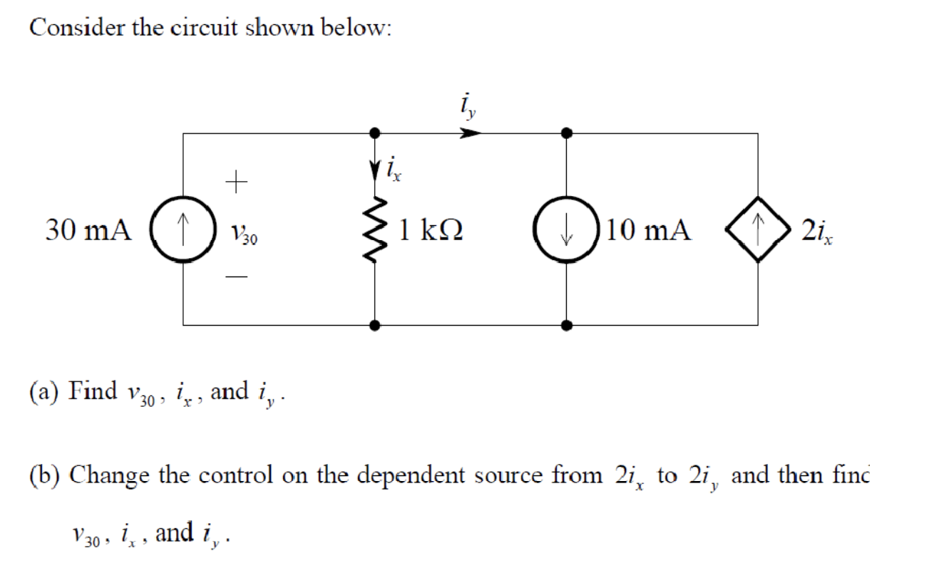 Solved Consider the circuit shown below: iy i + 30 mA 130 1 | Chegg.com