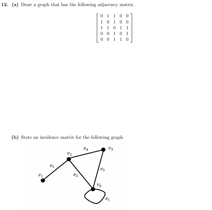 Solved 12. (a) Draw a graph that has the following adjacency | Chegg.com
