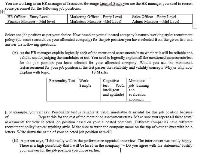 Solved You are working as an HR manager at Transcom Beverage 