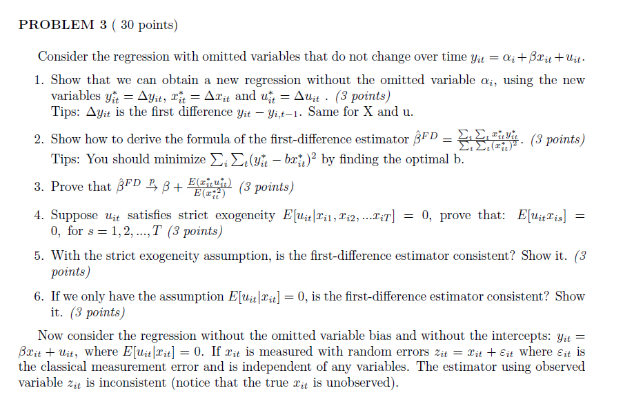 PROBLEM 3 ( 30 points) Consider the regression with | Chegg.com