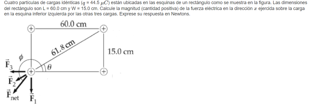 Cuatro partículas de cargas idénticas \( (q=44.5 \mu C) \) están ubicadas en las esquinas de un rectángulo como se muestra en