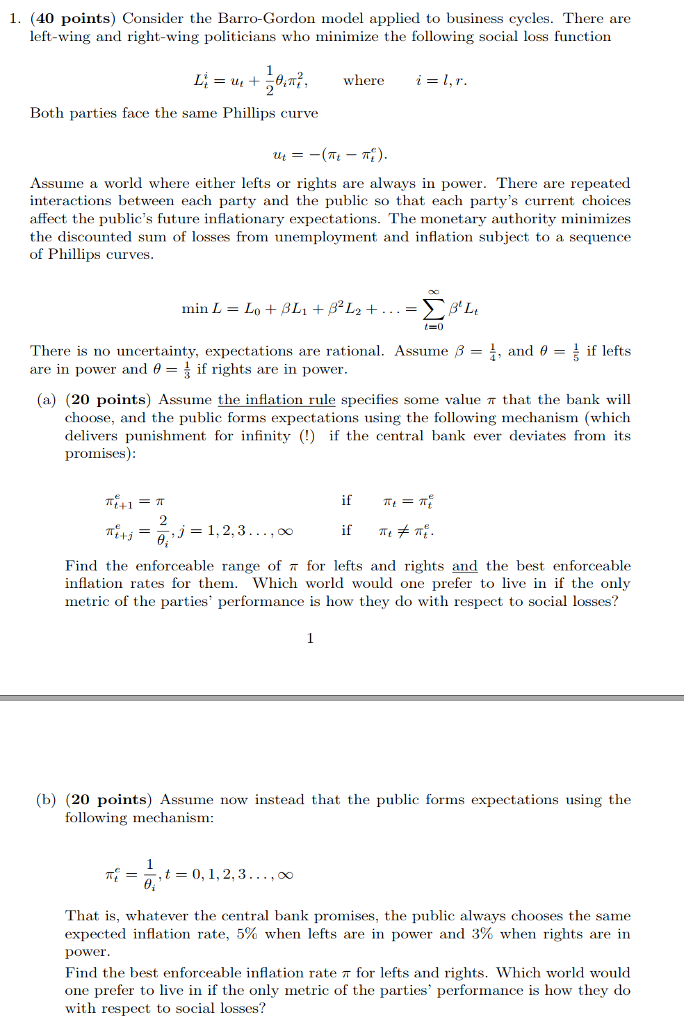 1. (40 points) Consider the Barro-Gordon model | Chegg.com