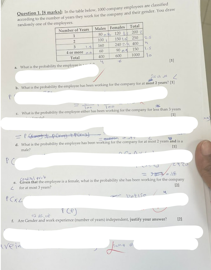 Solved Question 1. [8 Marks]: In The Table Below, 1000 | Chegg.com