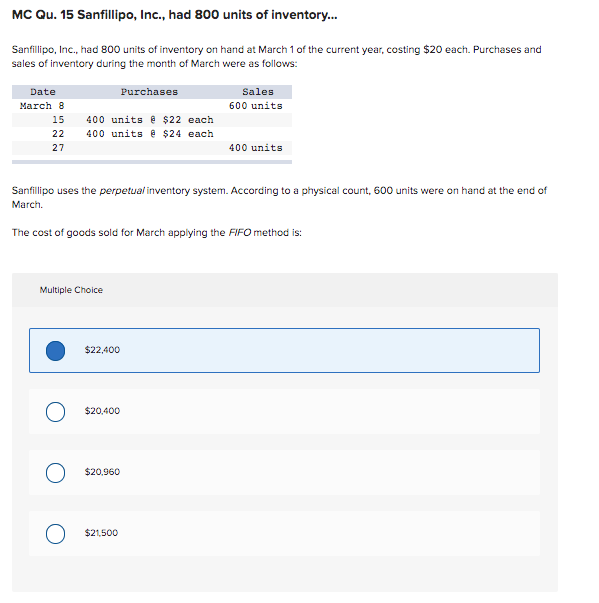 Solved MC Qu. 15 Sanfillipo, Inc., had 800 units of