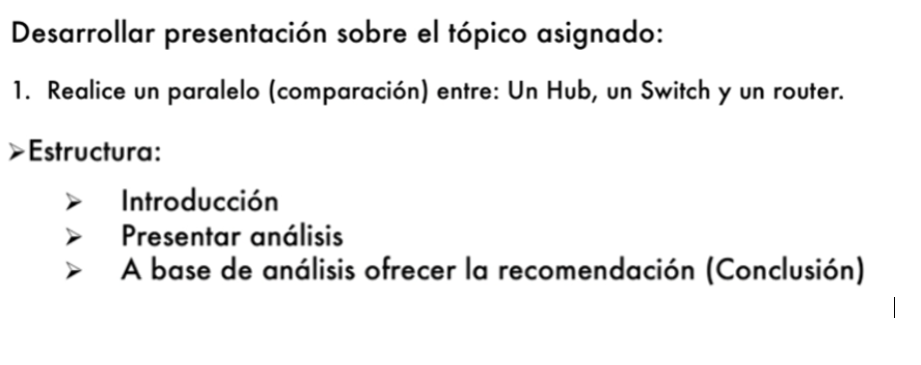 Desarrollar presentación sobre el tópico asignado: 1. Realice un paralelo (comparación) entre: Un Hub, un Switch y un router.