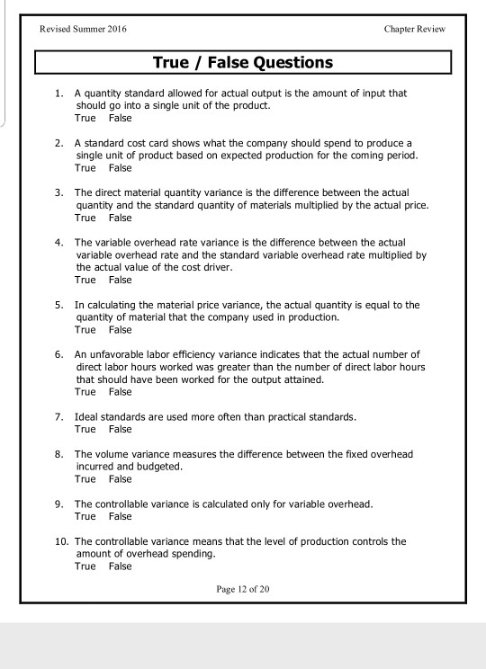 Solved Revised Summer 2016 Chapter Review True / False | Chegg.com