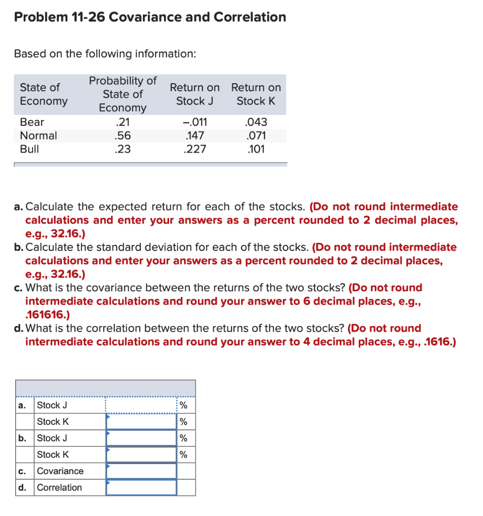 Solved Problem 11-26 Covariance And Correlation Based On The | Chegg.com