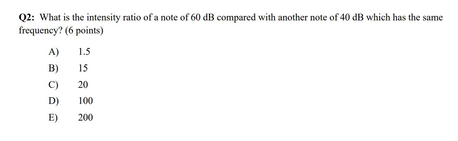 Solved Q2: What is the intensity ratio of a note of 60 dB | Chegg.com