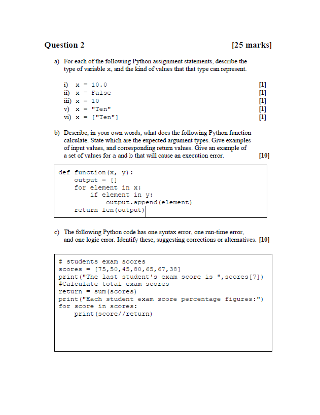 Solved Question 2 [25 marks] a) For each of the following | Chegg.com