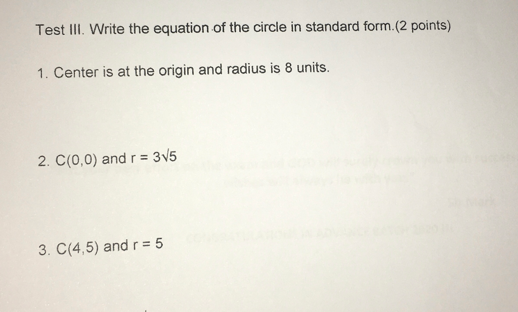 Solved Test III. Write the equation of the circle in | Chegg.com