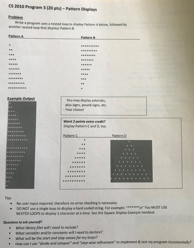 Solved CS 2010 Program 3 (20 pts) - Pattern Displays Problem | Chegg.com