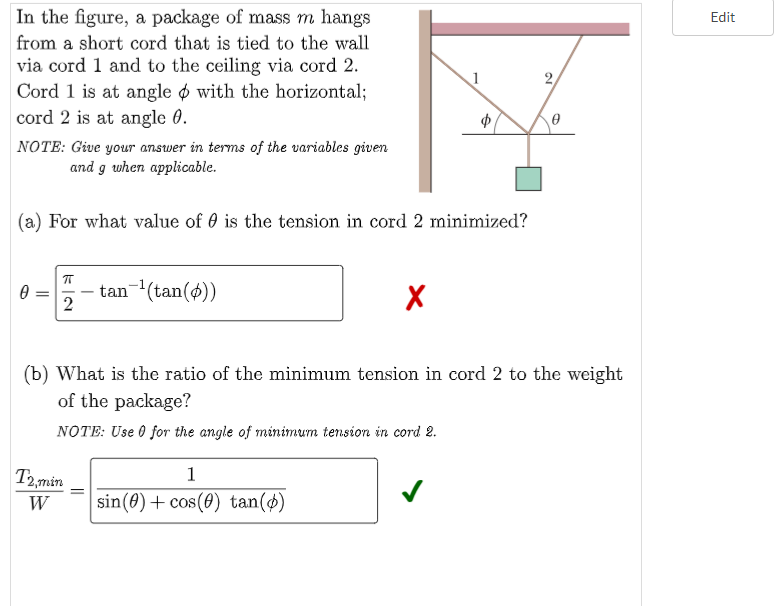 Solved In the figure, a package of mass m hangs from a short | Chegg.com