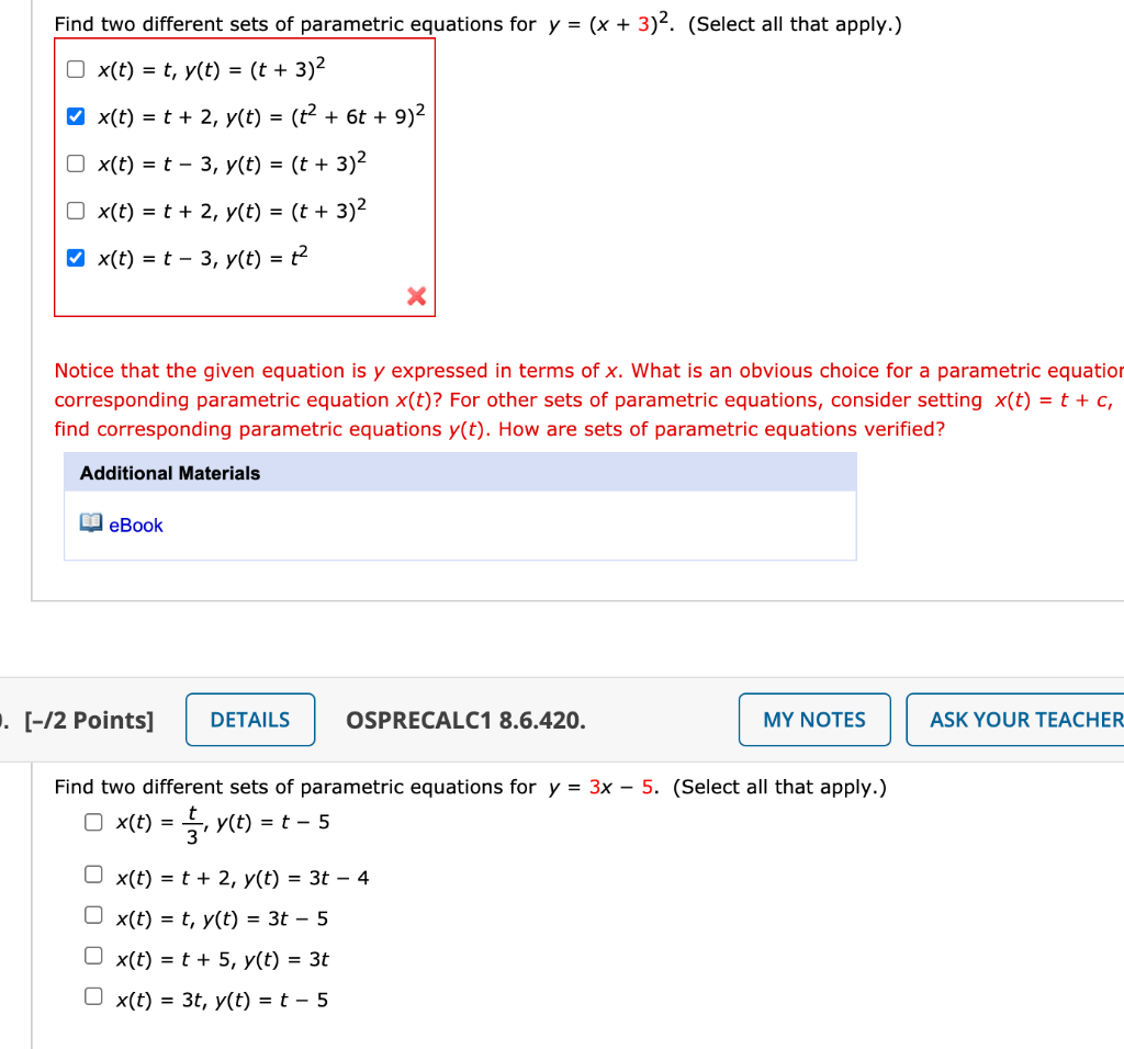 Solved Find two different sets of parametric equations for y | Chegg.com
