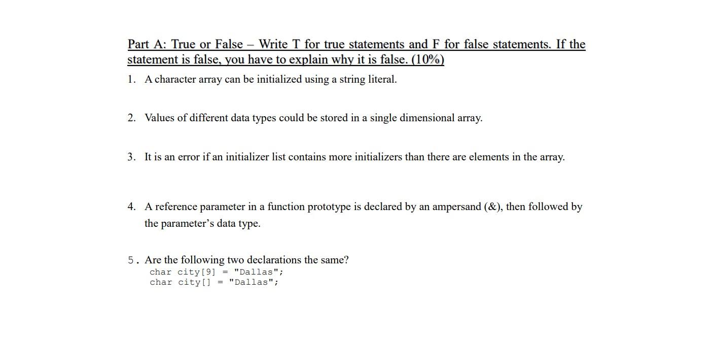 Solved Part A: True or False – Write T for true statements | Chegg.com