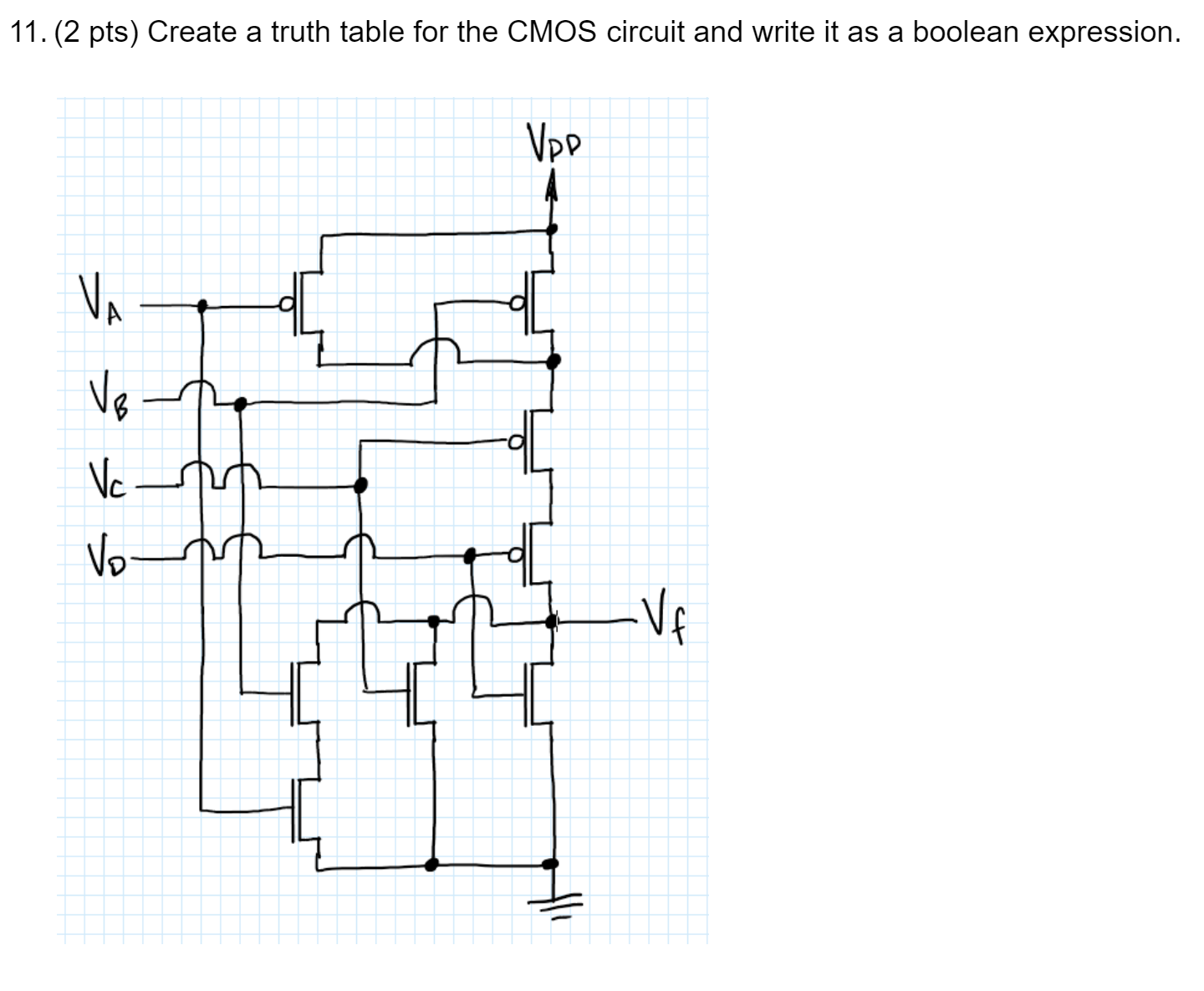 Solved 11. (2 pts) Create a truth table for the CMOS circuit | Chegg.com