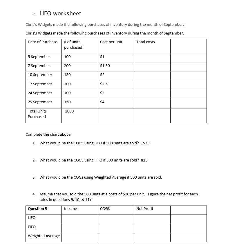 Solved o LIFO worksheet Chris's Widgets made the following | Chegg.com