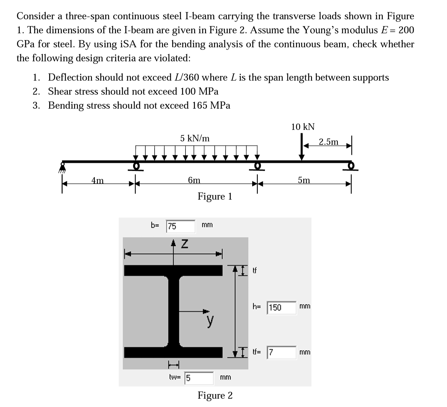 Consider a three-span continuous steel I-beam carrying the transverse loads shown in Figure 1. The dimensions of the I-beam a