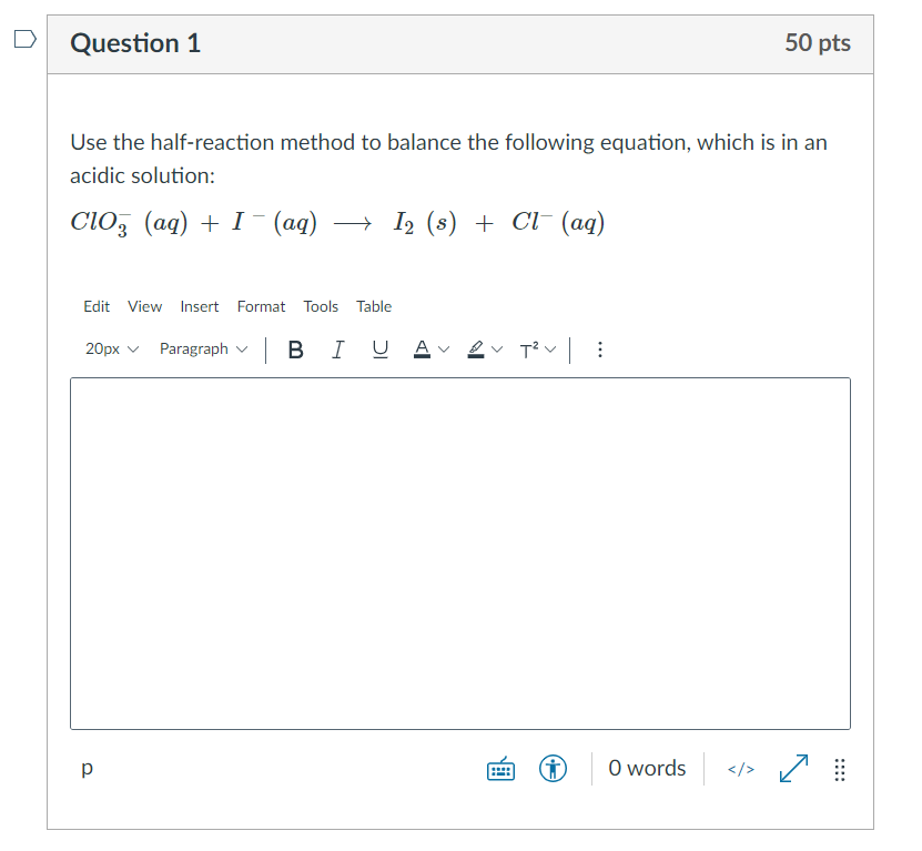 Solved Question 1 50 pts Use the half-reaction method to | Chegg.com