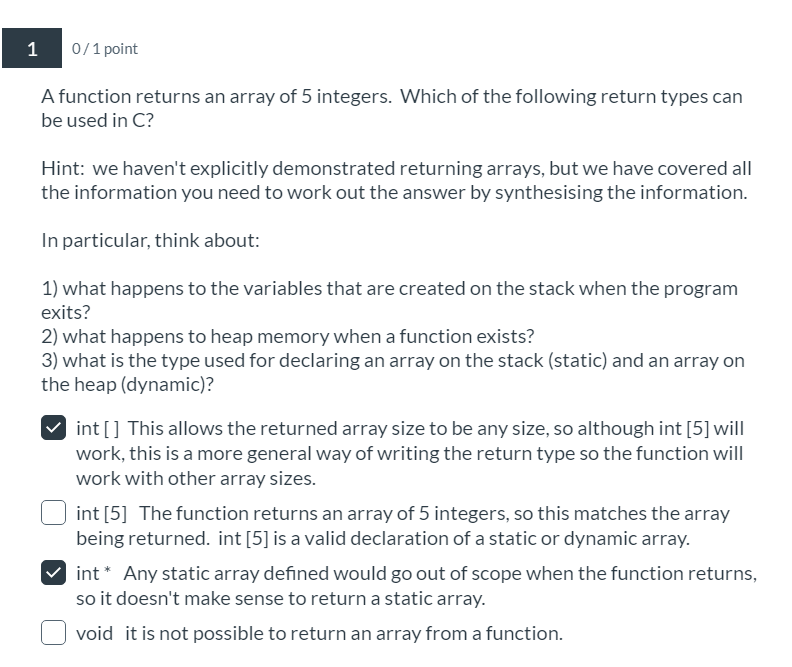Solved 1 0/1 point A function returns an array of 5 | Chegg.com