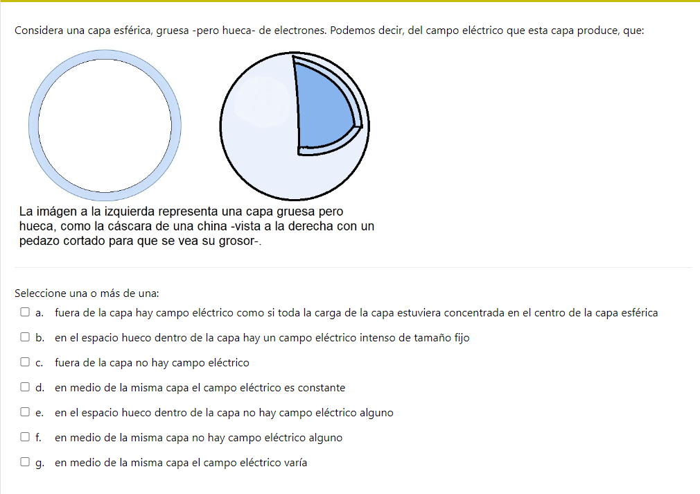 Considera una capa esférica, gruesa -pero hueca- de electrones. Podemos decir, del campo eléctrico que esta capa produce, que