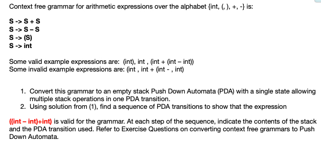 Solved Context free grammar for arithmetic expressions over | Chegg.com