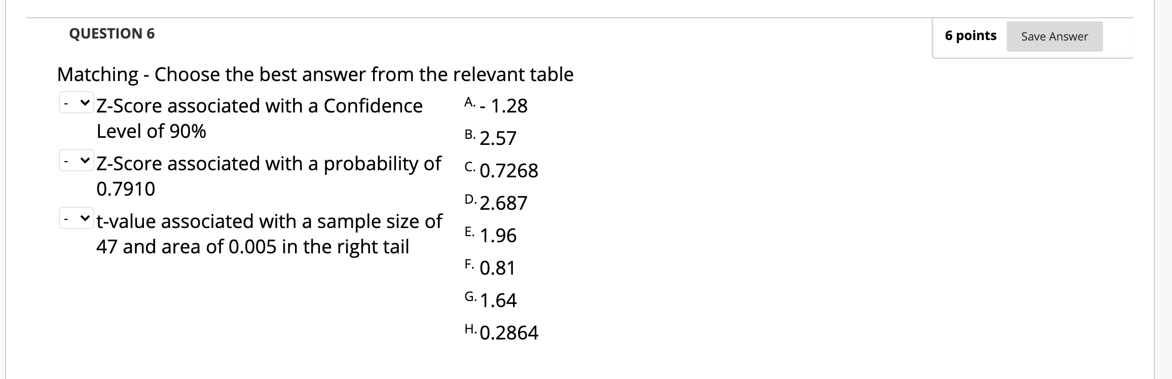 Solved QUESTION 6 6 points Save Answer A. - 1.28 B.2.57 | Chegg.com