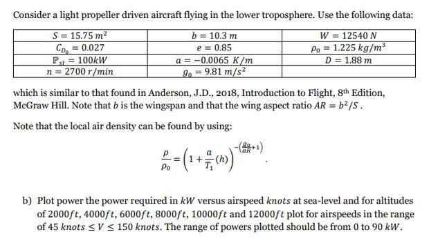 Solved Consider a light propeller driven aircraft flying in | Chegg.com