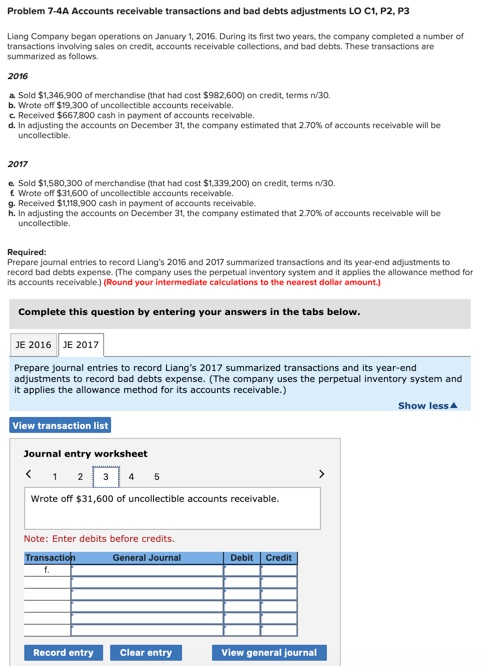 Solved Problem 7-4A Accounts Receivable Transactions And Bad | Chegg.com