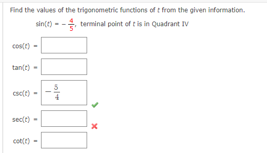 Solved Find the values of the trigonometric functions of t | Chegg.com