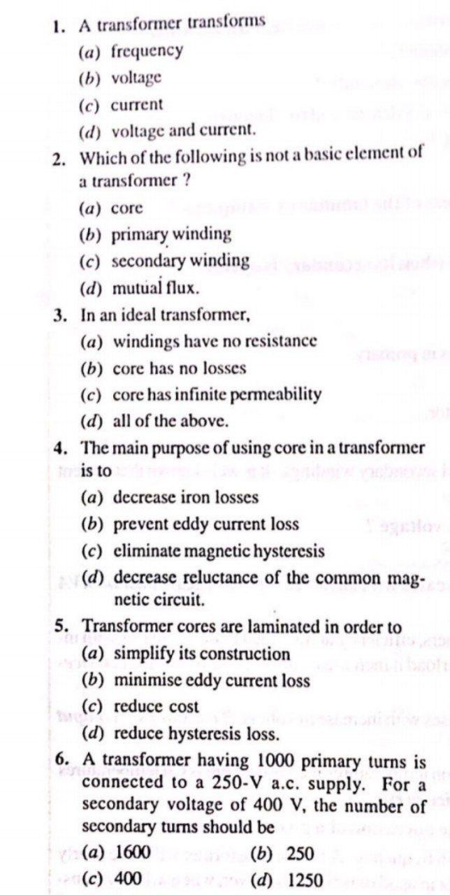 Solved 1. A Transformer Transforms (a) Frequency (b) Voltage | Chegg.com