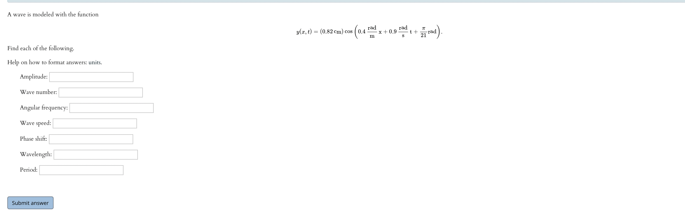 Solved A wave is modeled with the function y(x, t) = (0.82 | Chegg.com