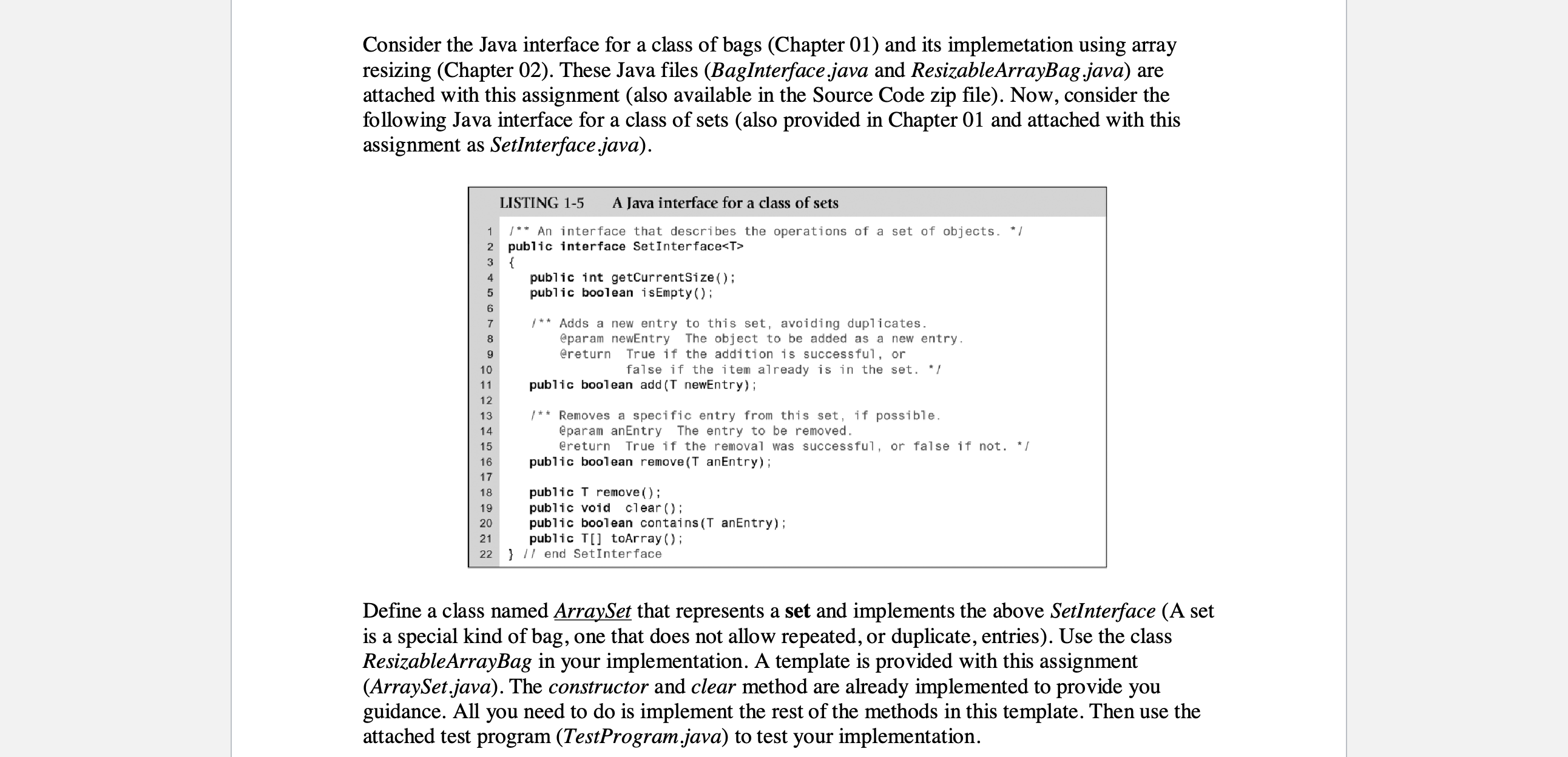 Consider the Java interface for a class of bags | Chegg.com