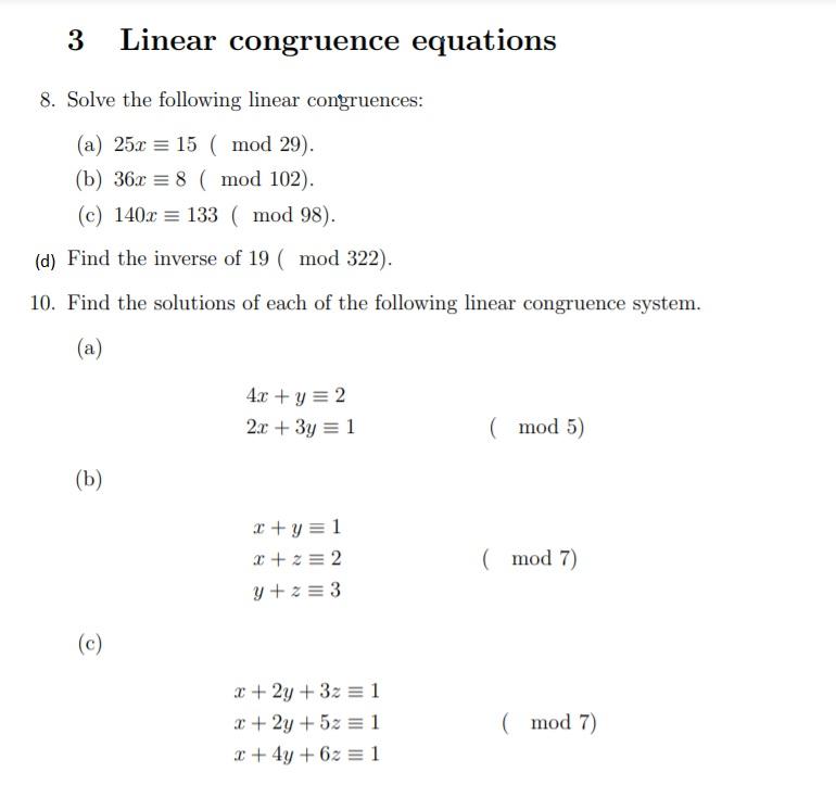 Solved 3 Linear congruence equations 8. Solve the following