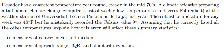 Solved Ecuador Has A Consistent Temperature Year Round Chegg Com   PhpQBQPPq