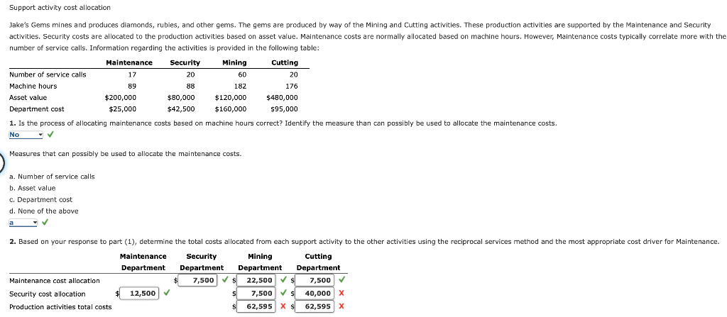 Solved Support Activity Cost Allocation Jake’s Gems Mines | Chegg.com