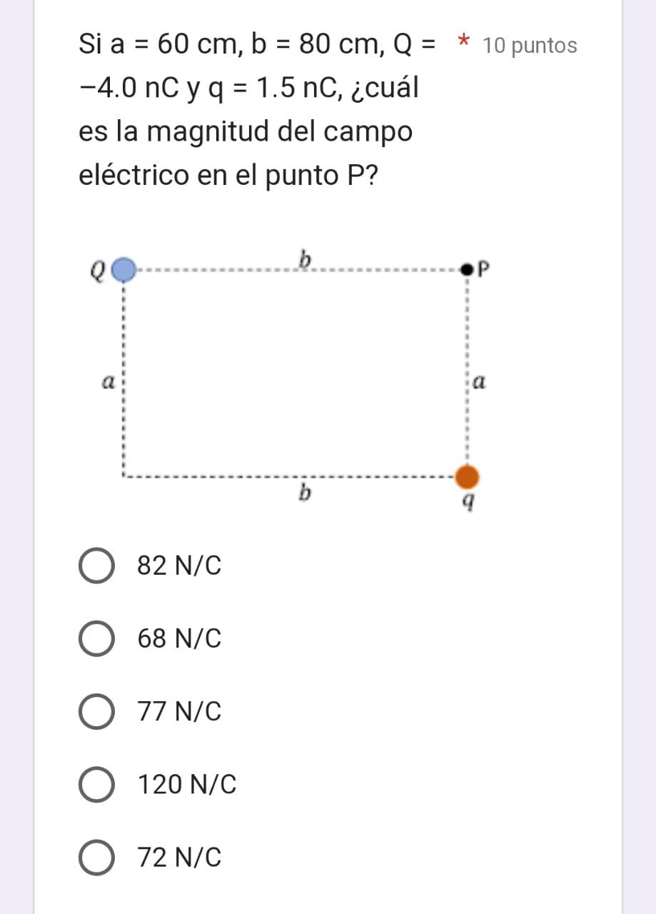 Si \( a=60 \mathrm{~cm}, \mathrm{~b}=80 \mathrm{~cm}, \mathrm{Q}= \) * 10 puntos -4.0 nC y q = 1.5 nC, ¿cuál es la magnitud d