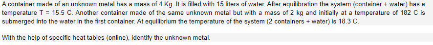 Solved A container made of an unknown metal has a mass of | Chegg.com