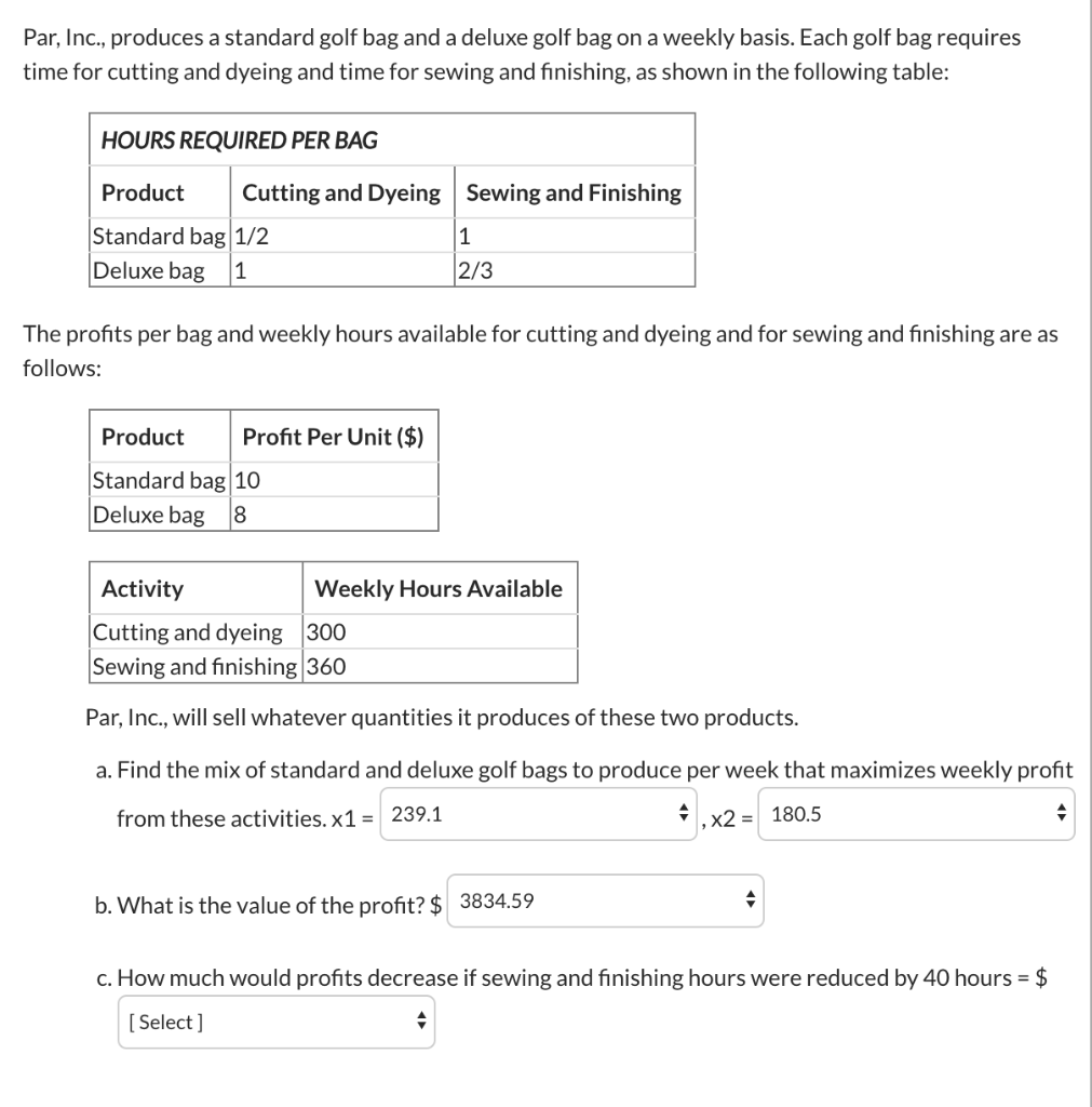Solved Par, Inc., produces a standard golf bag and a deluxe