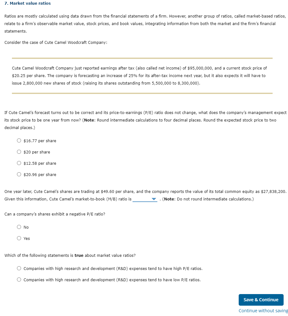 Solved 7 Market Value Ratios Ratios Are Mostly Calculated Chegg