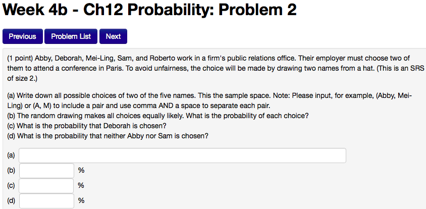 Solved Week 4b - Ch12 Probability: Problem 2 Previous | Chegg.com